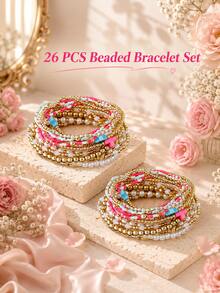 26pcs Bohemian Style Handmade Beaded Stretch Bracelet Set, Multi-Layer Stackable Bracelets, Suitable For Women's Daily, Vacation, Party Wear (Bead Color Arrangement Random) - Multicolor - View 7
