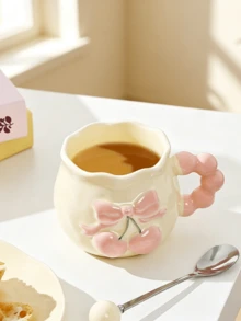 1pc Vintage Cherry Ceramic Mug, Embossed Tea Cup Halloween Mug With 3D Embossed Bow Design And Ribbon - Heat Insulated, Suitable For Office And Home Use, Perfect Gift Choice For Couples - Multicolor - View 6