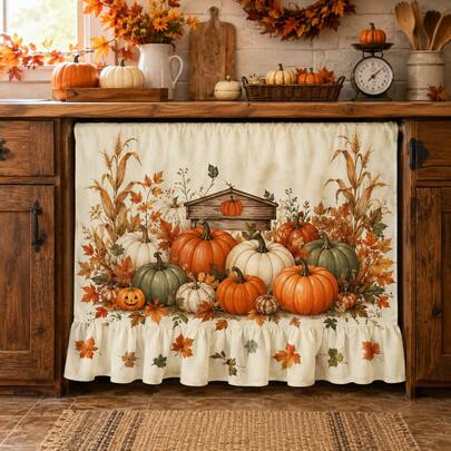Halloween Oven Curtain Oven Skirt Farmhouse Multi‑Tone Pumpkin Corn Fall Leaves Wooden Sign Print Ruffled Hem Decorative Fabric Cover Rustic Harvest Accent For Kitchen Home Autumn Holiday Seasonal Decor