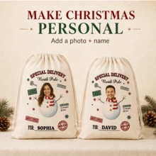 Custom Photo Christmas Drawstring Bag, Personalized Name Gift Bag, Holiday Snowman Style, Customizable Holiday Storage Bag, Customizable Christmas Gift - Apricot - View 5