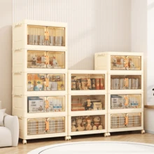 5-Layer Foldable Storage Cabinet, Plastic Sundries Organizer With Doors & Wheels, Stackable Large Capacity Home Organization For Bedroom, Living Room, Kitchen, Easy Assembly & Space-Saving Design - Beige - View 12