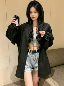 YCYC Casual Solid Color Drop Shoulder Long Sleeve Drawstring Hooded Loose Shirt Black - Black - View 5