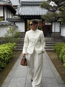 Jaket Wanita Elegan Putih Kerah Tegak Lengan Panjang, Desain Kancing Depan, Panjang Standar, Jaket Kemeja Lapisan Tengah, Pakaian Musim Gugur/Musim Dingin - Putih - View 6