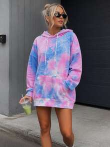 Women's Tie-Dye Loose Fit Hooded Sweatshirt, Casual Long Sleeve Drawstring Sweatshirt With Kangaroo Pocket - Pink - View 7
