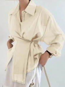 Ladies' Casual And Fashionable Simple Solid Color Shoulder Loose Wrapped Knotted Shirt For Spring And Autumn Styles,Lightweight, Slightly Translucent - Cream - View 3