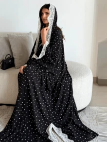 Fashion Sweet Lace Trim Polka Dot Print Long Robe Arabic Cardigan (Includes Headscarf) - Black - View 5