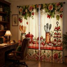 2pcs Vintage Watercolor Strawberry Rose Plaid Print Decorative Curtains, No-Drill Rod Pocket Design, Easy Installation And Removable, Polyester Material, Suitable For Bedroom, Living Room And Home Decor - Multicolor - View 8