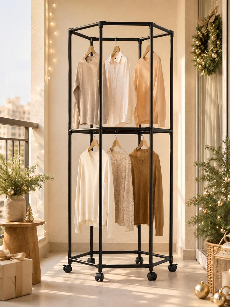 1pc Hexagonal Rotating Drying Rack, Indoor Clothes Rack, Suitable For Bedroom, Living Room, Domed Space, Clothing Store Display, Movable Coat Rack - Space-Saving, Quick Drying, 360° Rotating Arms, Sturdy Steel Frame, Lightweight And Durable Structure, Perfect For Spring Minimalist Home Decor, Easy Assembly, No Tools Required, Also Suitable For Apartment Use - Multicolor - View 1