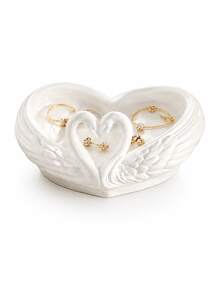 Heart-Shaped Double Swan Jewelry Tray, White Swan Shaped Storage Tray, Embossed Wing Design Jewelry Organizer, INS Style Pure White Desktop Organizer, Entryway Key Storage Tray, Vanity Earring Necklace Storage Rack, Romantic Wedding Decor Ornament, Jewelry Key Desktop Storage Box, Entryway Bedroom Decor Ornament - Multicolor - View 3