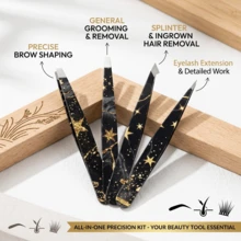 Set 4 Buah Pinset Alis, Pinset Presisi Desain Bintang Emas Hitam untuk Membentuk Alis dan Mencabut Bulu Wajah - MultiWarna - View 3