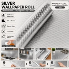 Papel de aluminio autoadhesivo ancho a prueba de aceite para cocina, película resistente al calor e impermeable para salpicadero, fregadero, encimera, gabinete, cajón & pared de cocina - Plateado - Ver 24