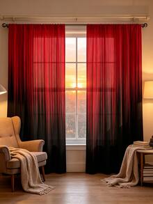 2pcs Vertical Stripe Curtains, Red-Black Gradient, 2D Flat Print, Modern Luxury Style, Semi-Transparent Fabric, Rod Pocket Design, Suitable For Bedroom, Living Room And Study Window Decoration - Multicolor - View 2