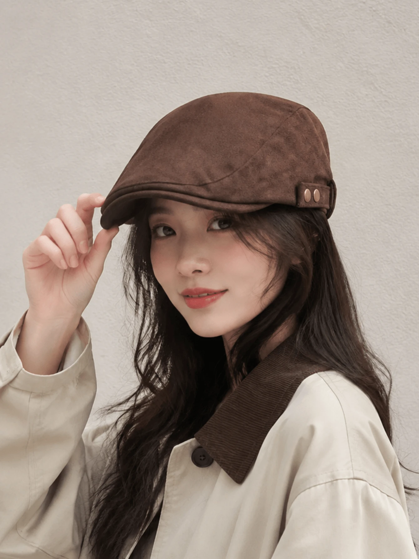1pc Women's Vintage Suede Newsboy Cap, British Style Flat Cap With Double Rivet Side Adjustable Buckle, Face-Slimming Casual Commuter Travel Hat For Spring, Autumn, Winter - A - View 1