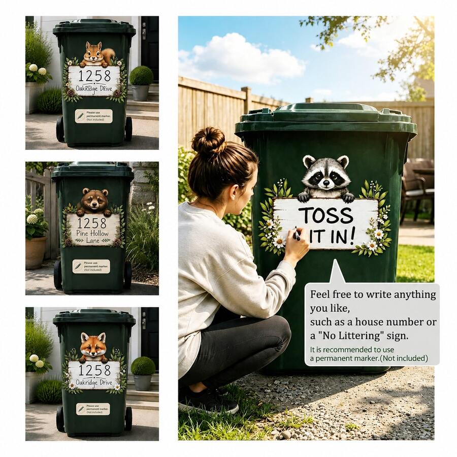 DIY Writable Raccoon Trash Can Sticker, 3D Cartoon Junk Food Trash Can Vinyl Decal, Removable Waterproof Outdoor Yard Garden Home Decor Sticker