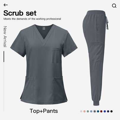 Unisex Medical Scrub Set, V Neck Short Sleeve Top & Jogger Pants With Multi Pockets, Suitable For Beauty Salons, Pet Grooming Studios, Wellness Centers, Clinics And Various Professional Work Scenarios.
