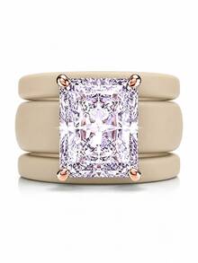 3PCS Khaki Silicone Ring Set, Purple Rectangular Zirconia Cut, Suitable For Daily Wear, Suitable For Girlfriends, Couples, Weddings, And Valentine's Day - Khaki Silicone - Purple Rectangular - View 7