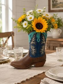 1pc Western Cowboy Boot Vase, Vintage Decorative Flower Stand, Rustic Farmhouse Home Decor, Suitable For Fresh Flowers, Living Room Table, Shelf, Fireplace Mantel, Entryway - New - View 5