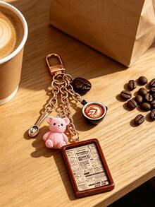 Resin Bear Coffee Themed Bag Charm Keychain, Multi-Charm With Latte Art Cup & Coffee Bean, Retro Poster Pendant, Kawaii Accessory For Coffee Lovers - Multicolor - View 3