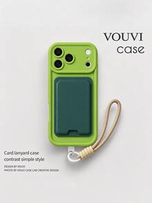 VOUVI 4-In-1 Dopamine Suction Cup Phone Case With Card Holder And Lanyard, Compatible With IPhone 17 16 15 14 13 12 11 Pro Max, Shockproof Matte Solid Color Multifunctional Soft Shell, Suitable For 16 15 14 Plus - Green + Brown Lanyard - View 1