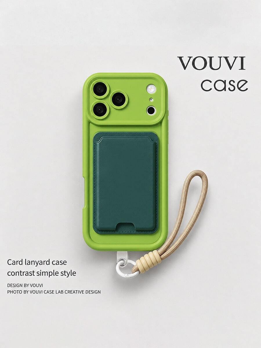 VOUVI 4-In-1 Dopamine Suction Cup Phone Case With Card Holder And Lanyard, Compatible With IPhone 17 16 15 14 13 12 11 Pro Max, Shockproof Matte Solid Color Multifunctional Soft Shell, Suitable For 16 15 14 Plus - Green + Brown Lanyard - View 1