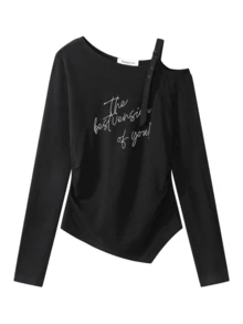 Design-Focused Ruched Waist Letter Print Asymmetric Neckline Knit T-Shirt, Unique Elegant Casual Travel Vacation - Black - View 1