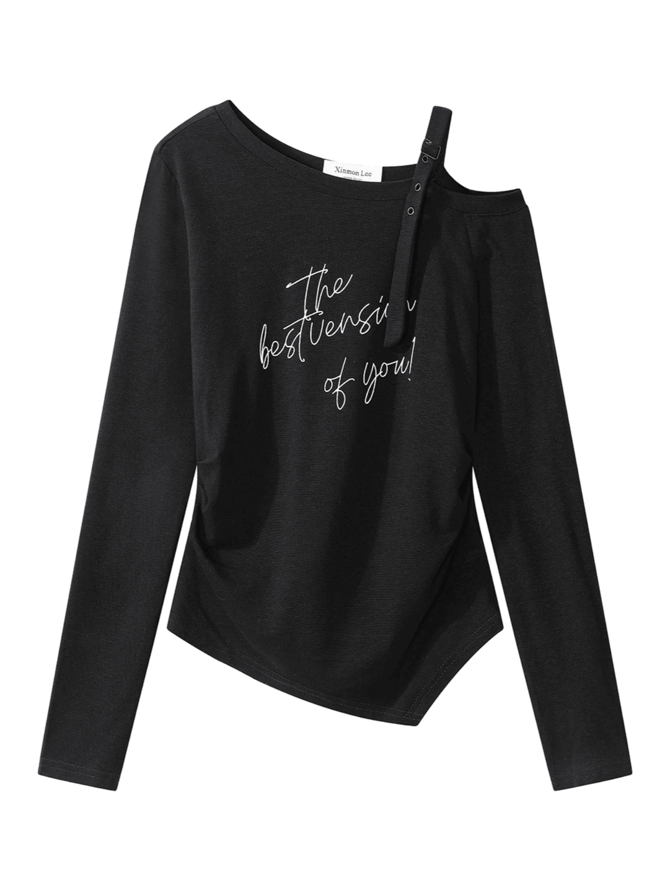 Design-Focused Ruched Waist Letter Print Asymmetric Neckline Knit T-Shirt, Unique Elegant Casual Travel Vacation - Black - View 1