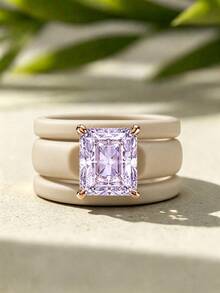 3PCS Khaki Silicone Ring Set, Purple Rectangular Zirconia Cut, Suitable For Daily Wear, Suitable For Girlfriends, Couples, Weddings, And Valentine's Day - Khaki Silicone - Purple Rectangular - View 5