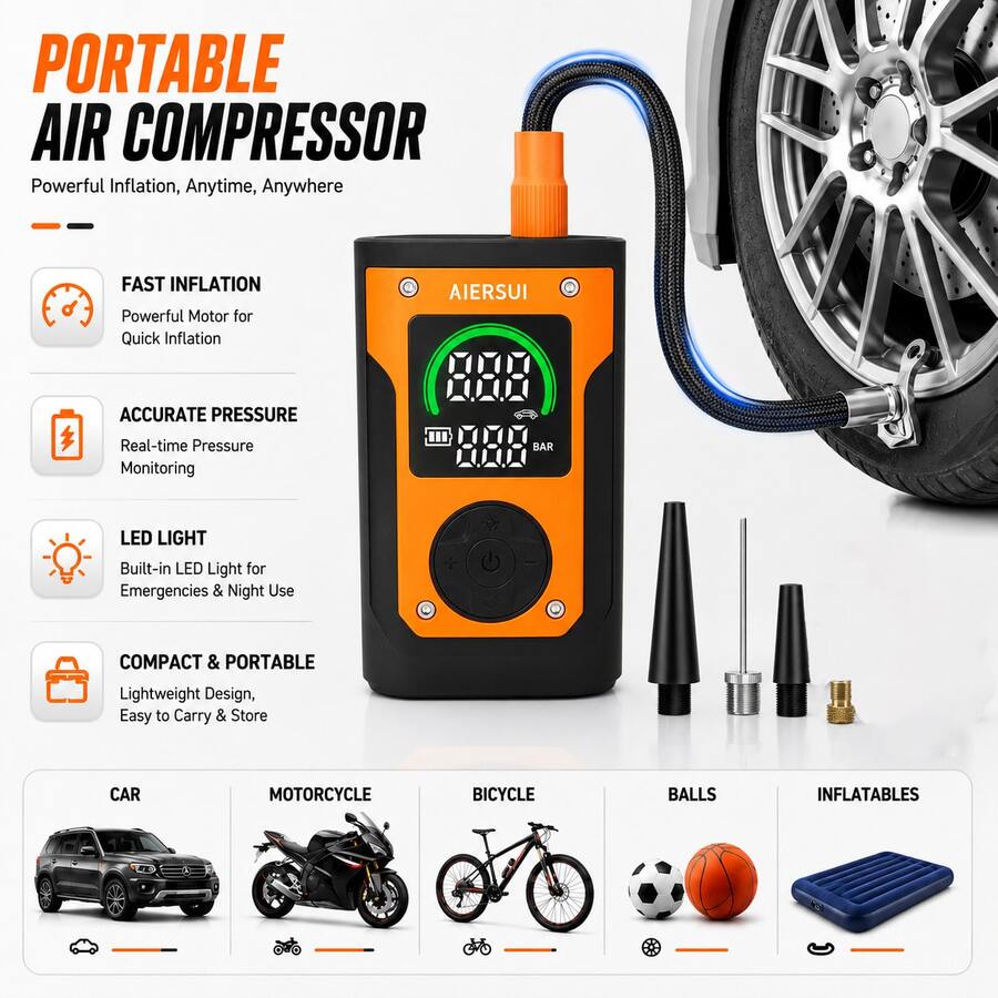 Bơm hơi không dây màn hình LCD, bơm nhanh 150PSI, sạc USB. Tích hợp đèn LED, tự động ngắt. Nhiều đầu vòi phù hợp cho lốp ô tô, xe máy, xe đạp, bóng thể thao và bong bóng. Đồ dùng ô tô cầm tay thiết yếu. 1500mAh 7.4V - A - Xem 1