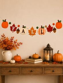 Fall Felt Garland Banner With FALL Letters Pumpkin Maple Leaf Acorn & Pom Pom Decorations, 2D Flat Autumn Thanksgiving Hanging Decor For Fireplace Mantel Wall Home Party, Non-Lighted - View 7