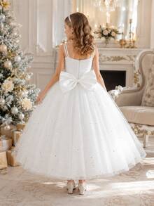 Tween Girl Mesh Patchwork Fashion Evening Dress Spaghetti Strap Dress - White - View 2
