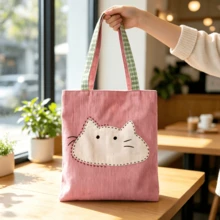1pc Soft Cute Cat Applique Tote Bag, Fresh Pink Tone With Plaid Strap, Hand-Stitched Cute Cartoon Pattern. Large Capacity Interior Can Store Books And Personal Items, Durable And Wear-Resistant Fabric. Simple Open Design For Easy Access, Suitable For Commuting, School, Shopping And Travel. Lightweight And Portable, Healing And Charming Design, Both A Practical Daily Item And A Thoughtful Gift For Friends, Balancing Aesthetics And Functionality - Multicolor - View 5