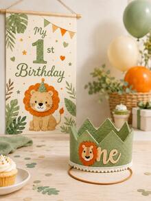 1 Set Lion Theme 1st Birthday Crown Hat And Banner Set, Sage Green Party Decoration, Suitable For Photos, Cake Table And Celebration Background - Multicolor - View 5