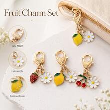 1pc Fruit & Daisy Enamel Bag Charms, Gold Tone Lobster Clasp Keychain Pendants With Strawberry, Lemon & Cherry For Bags, Keys & DIY - Quantity - View 9