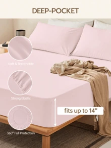 HONEYMOON 3/4件套純色床單組（3件套 = 1件床墊套 + 1件平鋪床單 + 1件枕套，4件套 = 1件床墊套 + 1件平鋪床單 + 2件枕套），100%聚酯纖維面料，INS風格，適合9-12英吋深口袋，抗縮水，可機洗，適用於各種尺寸，四季皆宜，居家與學校宿舍使用，返校必備，粉紅色 - 淺粉色 - 查看 4