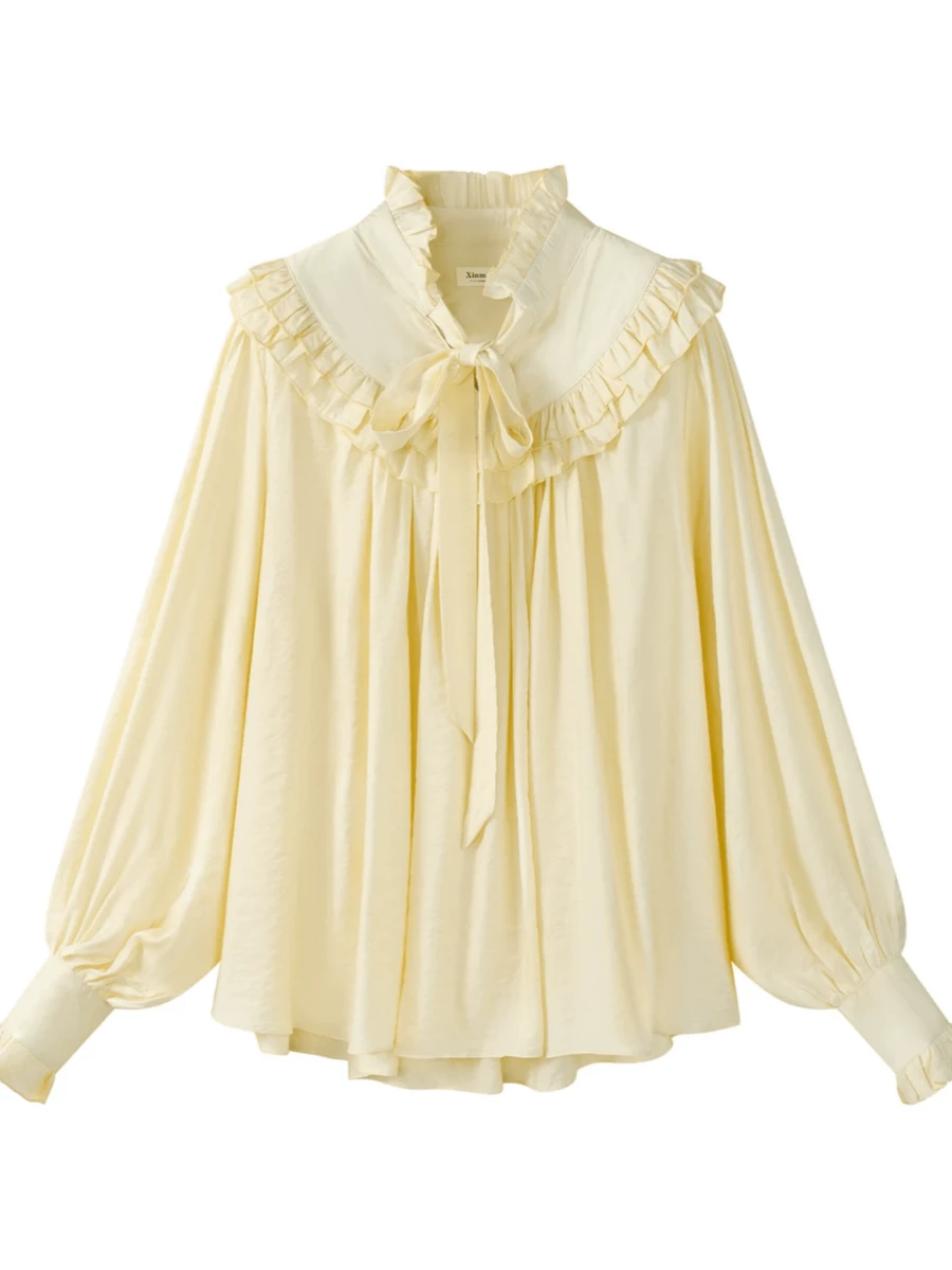 Elegant French-Style Blouse With Ruffle Trim, Ribbon Bow, Lantern Sleeves, Korean-Inspired Shirt For Early Spring, Travel, Casual And Vacation - Apricot - View 1