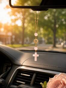 Crystal Cross Car Rearview Mirror Hanging Ornament, Bohemian Handmade Sun Catcher With Gold Chain And Natural Stone Beads, Elegant Spiritual Protection Amulet, Suitable For Various Car Interior Decor - Multicolor - View 3