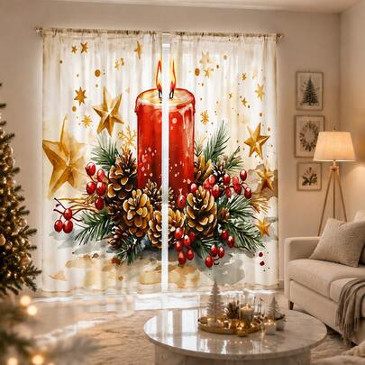 2 Adet Suluboya Noel Mum ve Çam Kozalağı Desenli Yarı Şeffaf Perdeler, 90GSM Polyester Yarı Şeffaf Gizlilik Korumalı, Kolay Kurulum, Hızlı Kuruma, Solmaya Dayanıklı, Hafif, Çıkarılabilir ve Yıkanabilir, Ev, Oda, Mutfak Bölmesi veya Dekorasyon İçin Uygun