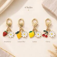 1pc Fruit & Daisy Enamel Bag Charms, Gold Tone Lobster Clasp Keychain Pendants With Strawberry, Lemon & Cherry For Bags, Keys & DIY - Quantity - View 5