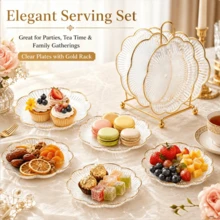 6pcs Stackable Gold Snack Tray Set With Gold Metal Storage Rack, Home Decor Kitchen Essential, Dessert Fruit Candy Tray, Suitable For Wedding, Birthday, Party, Home Afternoon Tea, Christmas, Halloween Decoration And Camping Snack Storage, Tableware Set, Thanksgiving, New Year Gift. Style And Color Randomly Shipped - Transparent Lace Plate 15cm - View 3
