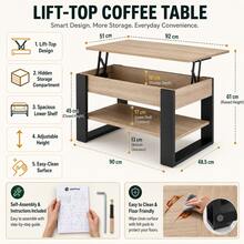 Lift-Top Coffee Table With Hidden Storage & Lower Shelf, 3-In-1 Adjustable Living Room Table,Modern Loft Industrial Design, 92 X 51 Cm - Sonoma Oak + Black - View 2