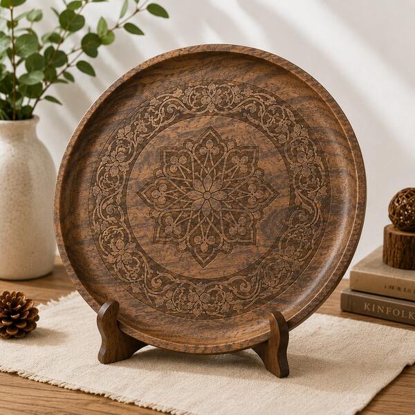1pc Innovative Walnut Wood Round Pizza Plate, Wooden Serving Plate, Steak Plate, Candy Plate, Fruit Plate, Solid Wood Pizza Board Tray