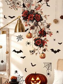Miếng dán tường treo Halloween phong cách Gothic, họa tiết hoa tối màu, đầu lâu, hũ thủy tinh, hoa hồng, quả thông, bí ngô, dơi, nhện, tự dính, có thể tháo rời, chống nước, chất liệu PVC, dùng trang trí lối vào, phòng khách, cửa, cửa sổ, không khí tiệc tùng - Hình dán tường - Xem 11
