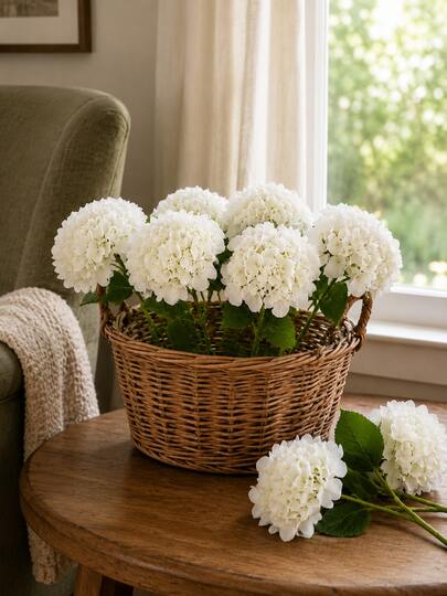 4pcs White Artificial Hydrangea Flowers With Leaves, Realistic Faux Floral Stems For Wedding Bouquets, Bridal Shower, Table Centerpieces, DIY Flower Arrangements, Vase Fillers, Living Room, Bedroom, Home Decor, Garden Party And Anniversary Decoration