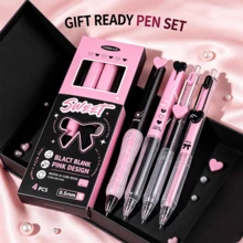 4pcs Black & Pink Heart-Shaped Retractable Gel Pen Set, 0.5mm Black Ink, Cool & Sweet Style Retractable Water Pens, Cute Stationery Gift Box, Suitable For Students Exams, Note-Taking, Birthday Gifts - A - View 4
