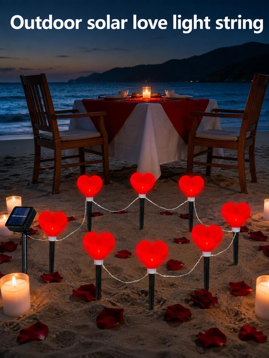POSE UP 8PCS Solar Heart String Lights, IP44 Waterproof LED Outdoor Fairy Lamps, Solar Powered Garden Decor Lights With Auto On/Off, Romantic Landscape Lighting For Lawn, Pathway, Yard, Patio, Villa, Wedding, Valentine, Anniversary, Party & Holiday Decor - Red - View 1