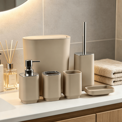 Toiletries Set, Bathroom Accessory Set, Square Electroplated Bathroom Kit, Including Toothbrush Holder, Rinse Cup, Soap Dispenser, Soap Dish And Toilet Brush. Bathroom Essentials, Suitable For Home‑Use Bathrooms And Bathroom Decoration.