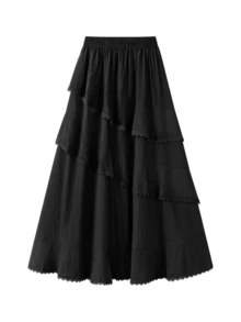 Elegant Layered Skirt With Lace Patchwork And Ruffle Hem, Soft Spring/Summer Style, Versatile For Travel, Casual And Vacation Wear - Black - View 1