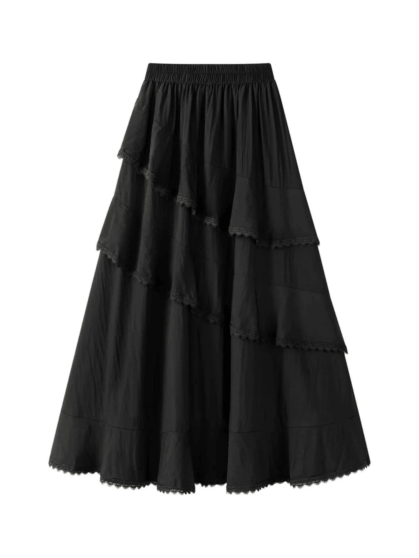 Elegant Layered Skirt With Lace Patchwork And Ruffle Hem, Soft Spring/Summer Style, Versatile For Travel, Casual And Vacation Wear - Black - View 1