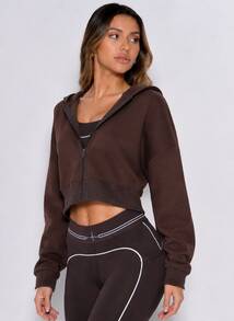 Never me Women's Sports Full Zip Hooded Short Jacket, Dropped Shoulder Loose Fit Cropped Sweatshirt For Casual Fitness - Coffee Brown - View 6