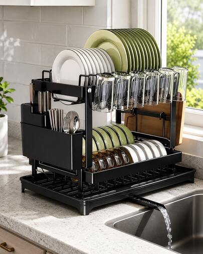 Este escurridor de cubiertos de doble capa, grande y fabricado en metal y acero al carbono, es perfecto para encimeras de cocina. Ahorra espacio y es duradero, con soportes para cuchillos, tenedores y vasos. Su diseño resistente a la corrosión mantiene tu cocina más organizada y ordenada.